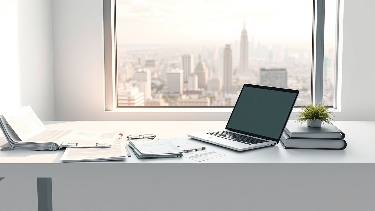 Een kantooromgeving met een bureau en laptop, omringd door zakelijke documenten.