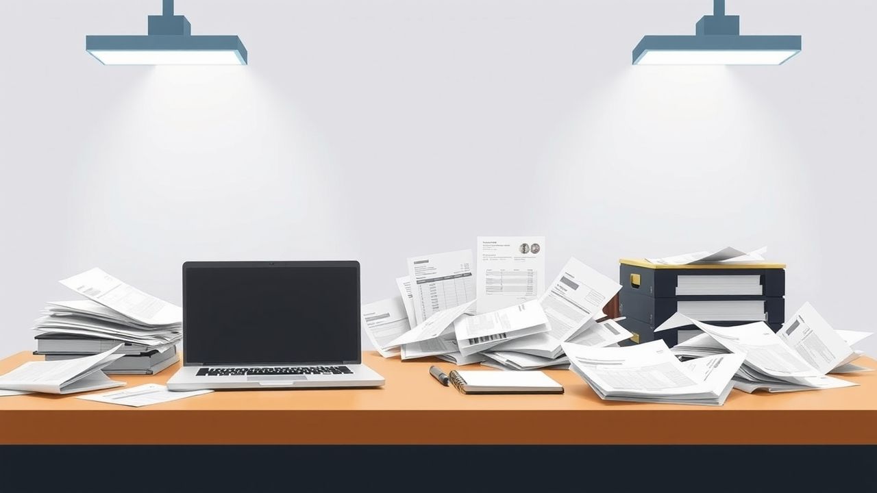 Een rommelig kantoorbureau met een laptop, notitieblok en financiële documenten.