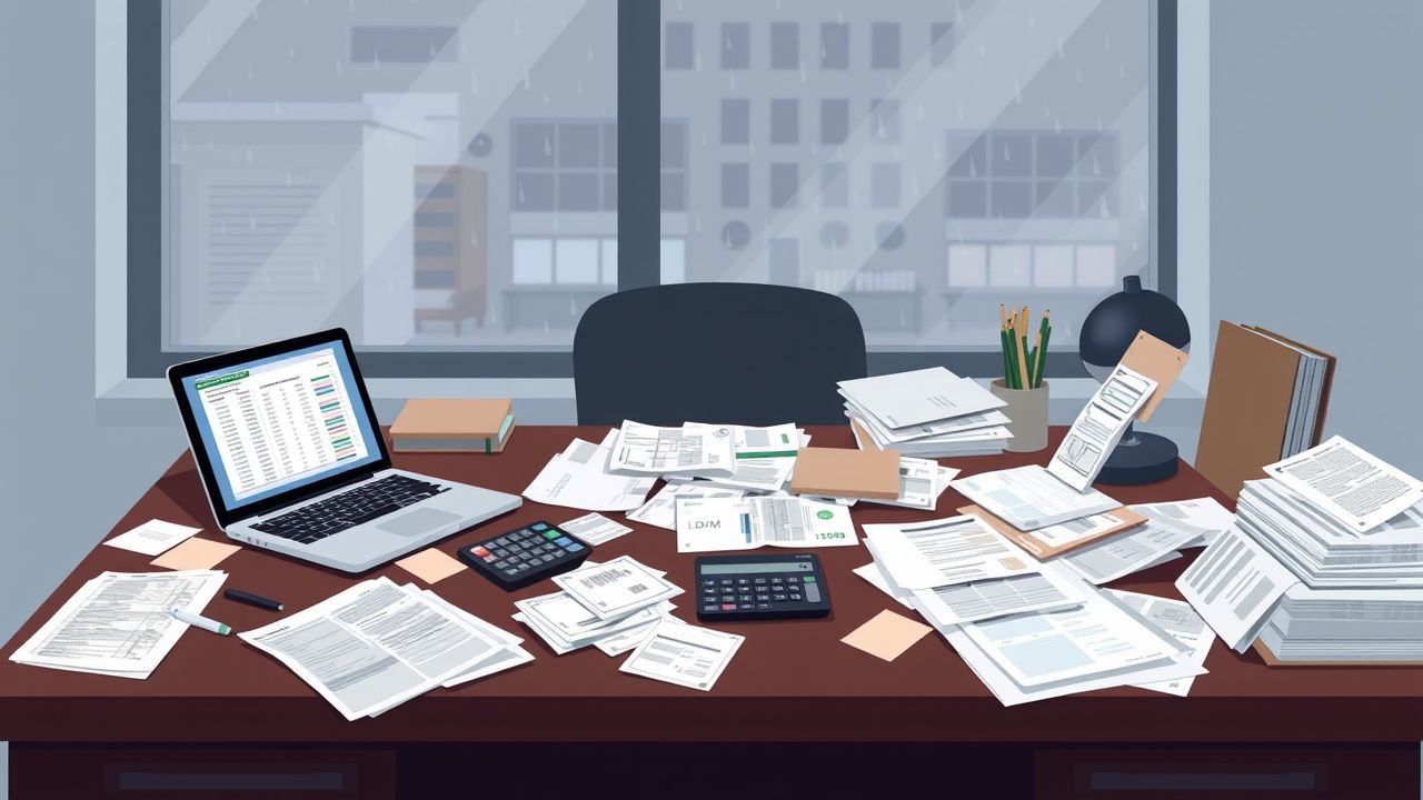 Een rommelig bureau in een donker kantoor op een regenachtige dag.