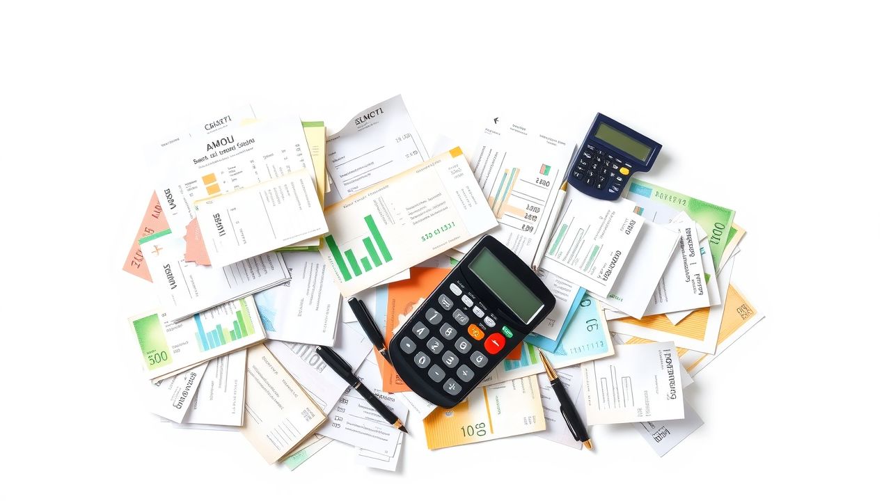 Een rommelig kantoorbureau met rekeningen, calculator en administratieve documenten.