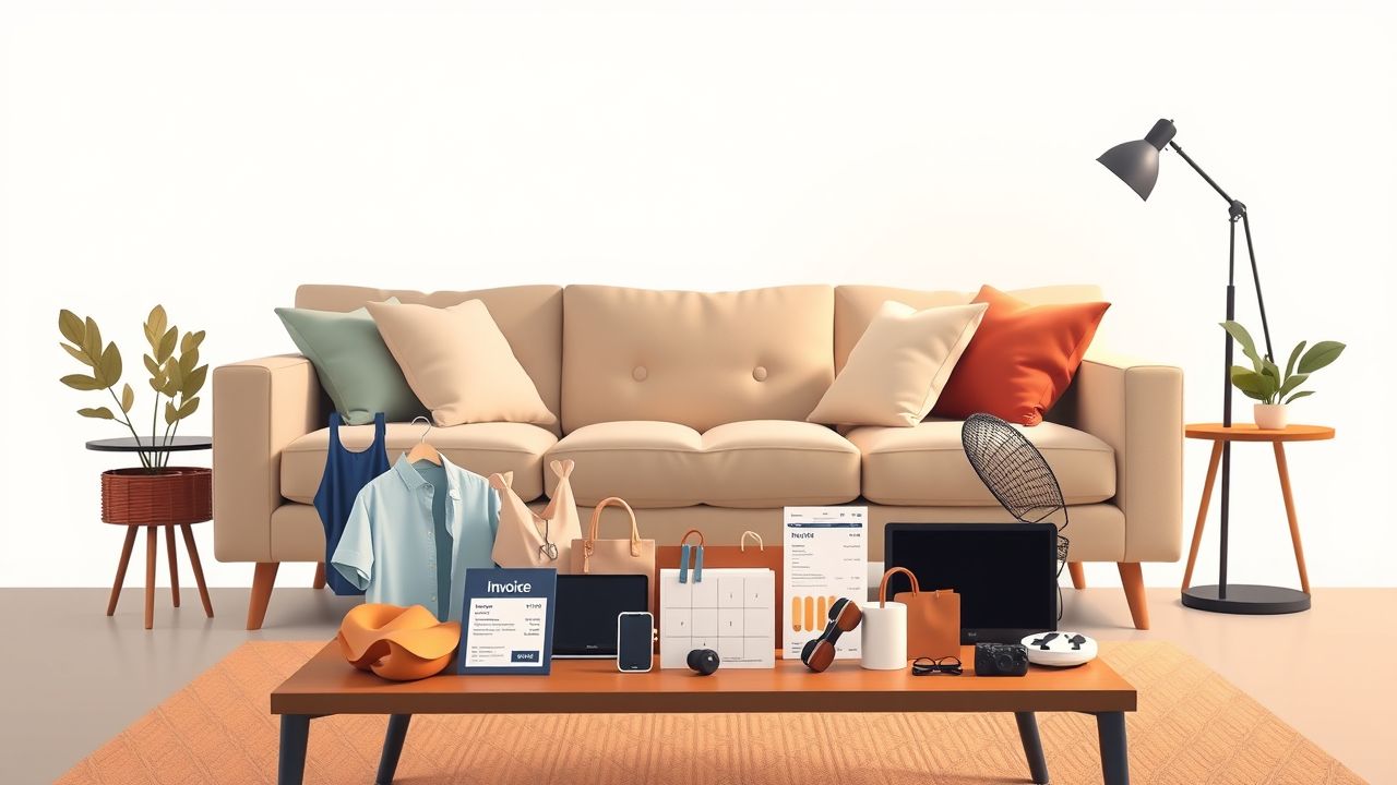 Een moderne woonkamer met online winkelen en betalingsmogelijkheden.