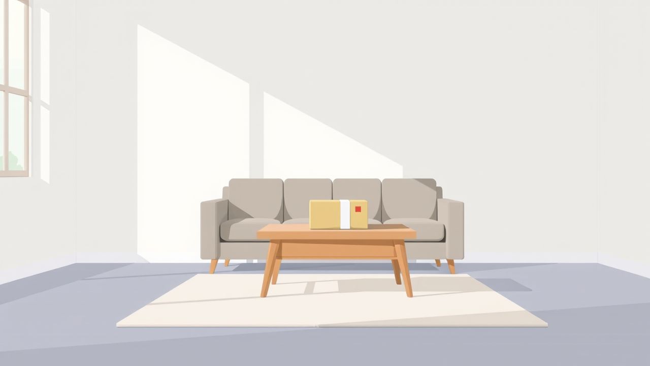 Een lege woonkamer met een pakket op de salontafel na online winkelen.