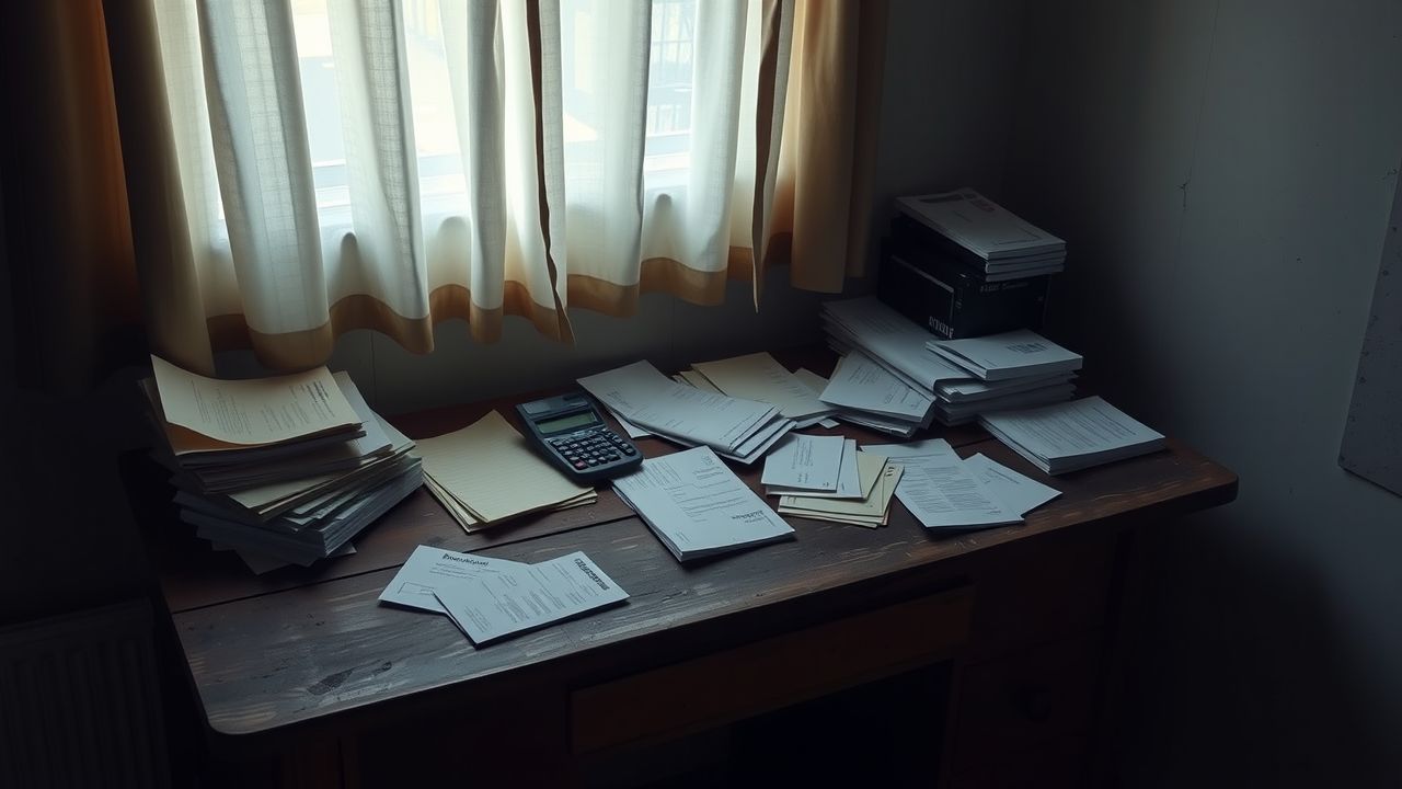 Een rommelig houten bureau met documenten en calculators.