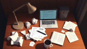 Een drukke, georganiseerde werkplek met een open laptop en stapels facturen.