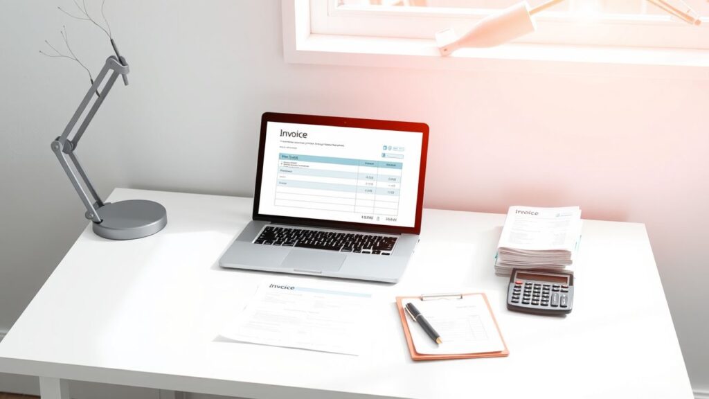 Een opgeruimd bureau met facturen en laptop.