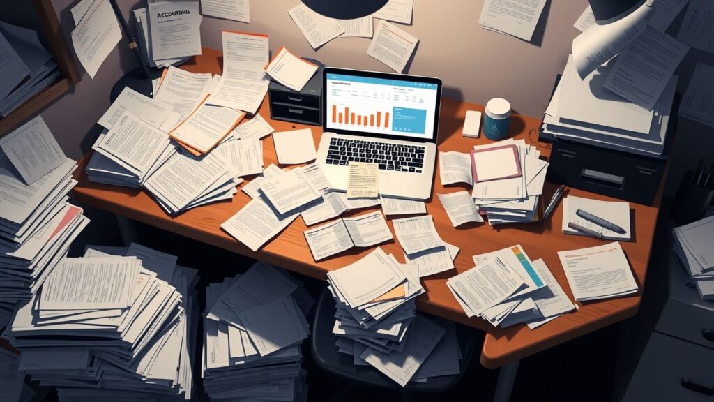 Een rommelig thuiskantoor met stapels papieren en onbetaalde rekeningen.