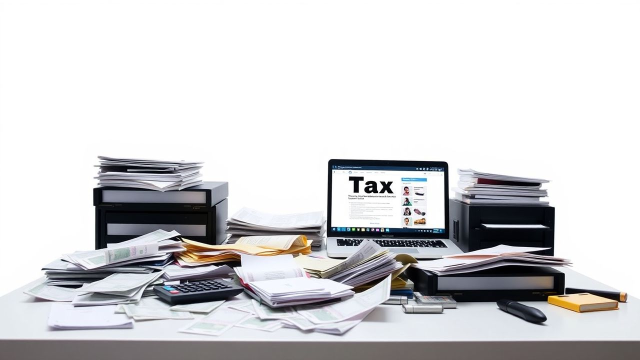 Een rommelig kantoorbureau met belastinggerelateerde items. Een rommelig kantoorbureau met belastinggerelateerde items.