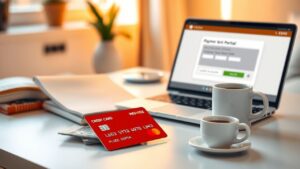 Een plat ontwerp van een creditcard, laptop en rekeningen op een bureau.