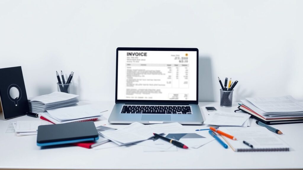 Een rommelig bureau met open laptop en factuur.