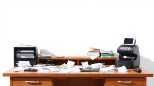 Een rommelig kantoorbureau met bonnetjes, facturen en een kassa.