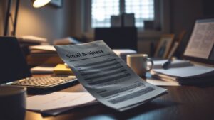 Een rekening voor een klein bedrijf ligt op een rommelig bureau.