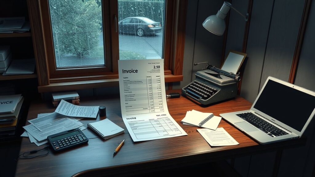 Een rommelig bureau met oude spullen en factuur.