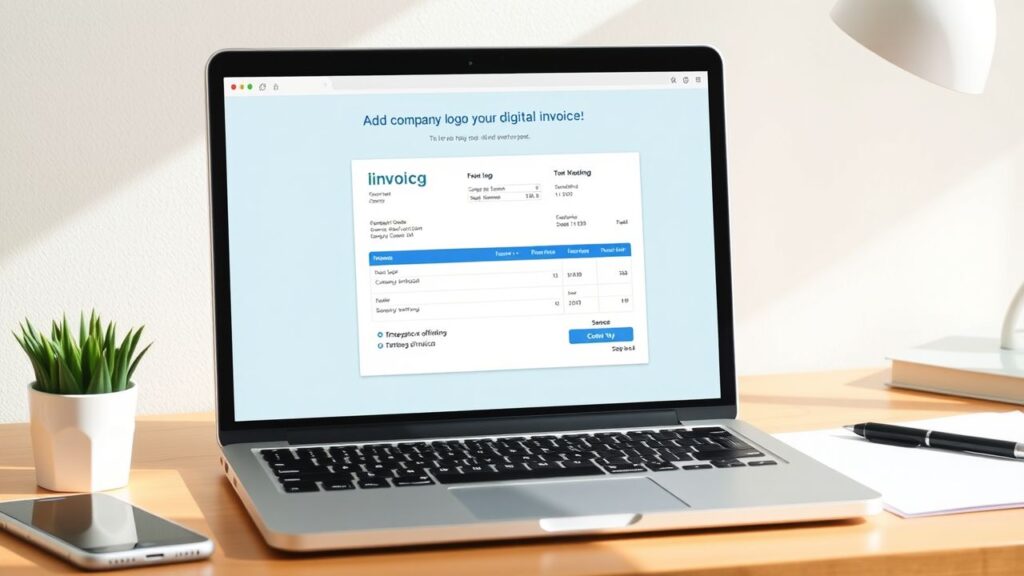 Een opgeruimde werkplek met open laptop toont facturering software interface.