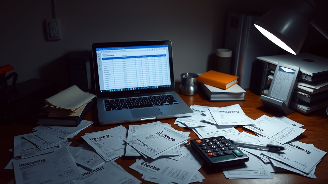 Een rommelig bureau met facturen, een open laptop en een rekenmachine. Een rommelig bureau met facturen, een open laptop en een rekenmachine.