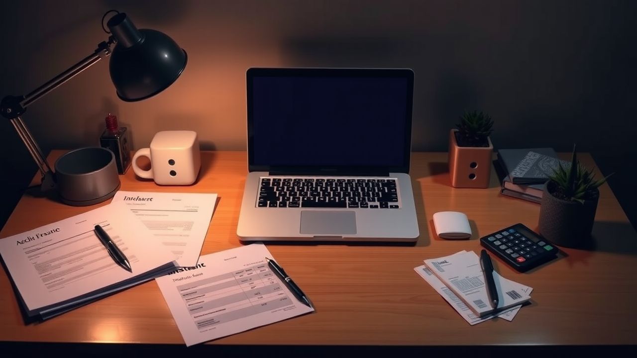 Een georganiseerde werkplek voor het voorbereiden van een managementvergoeding factuur.