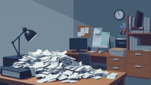 Een rommelig bureau met onbetaalde rekeningen geeft de uitdagingen van een freelancer weer.