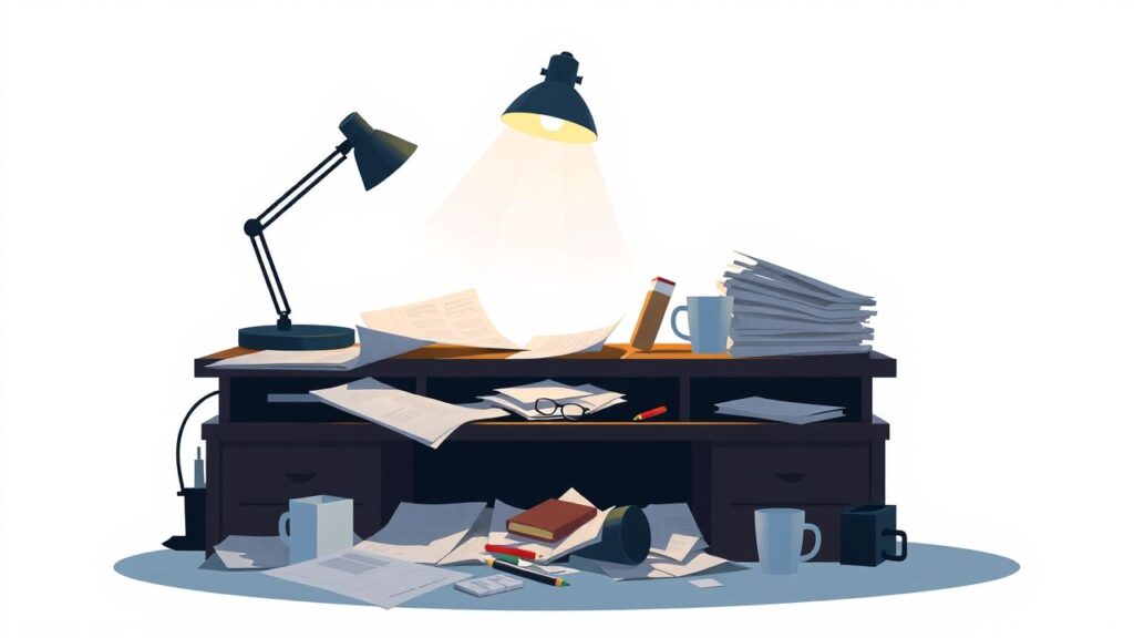 Een rommelig kantoorbureau met onbetaalde rekeningen en papieren.