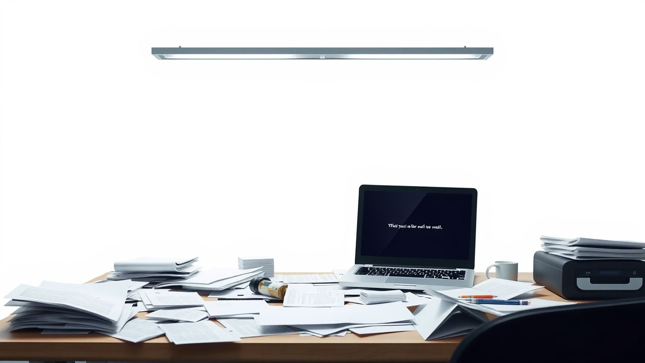 Een rommelig bureau met open laptop en error melding.