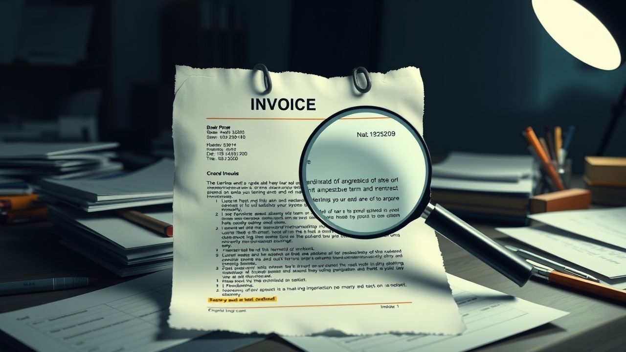 Een rommelig bureau met een gescheurde factuur en vergrootglas.