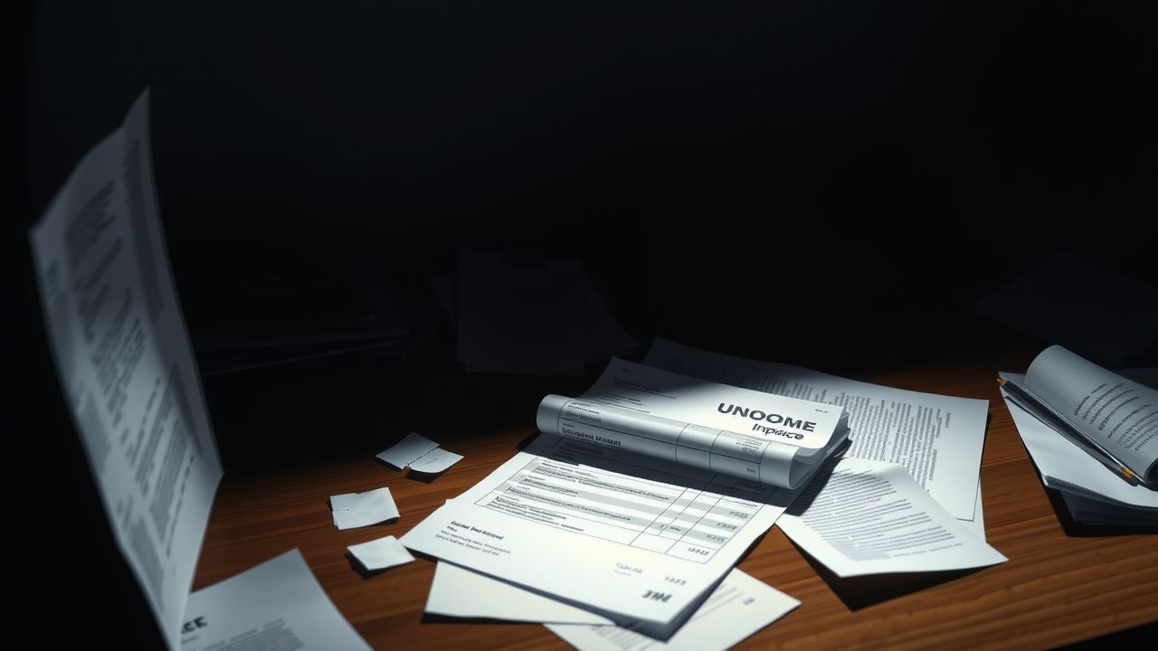 Een rommelig bureau met onbetaalde facturen en juridische documenten.