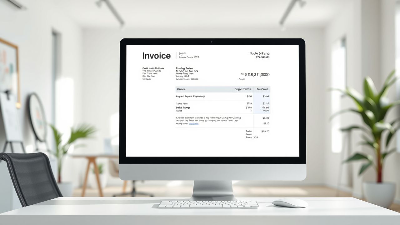 Een moderne kantooromgeving met een digitale factuur op computerscherm.