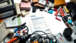 Een rekening ligt op een rommelig bureau zonder zichtbaar btw-nummer.