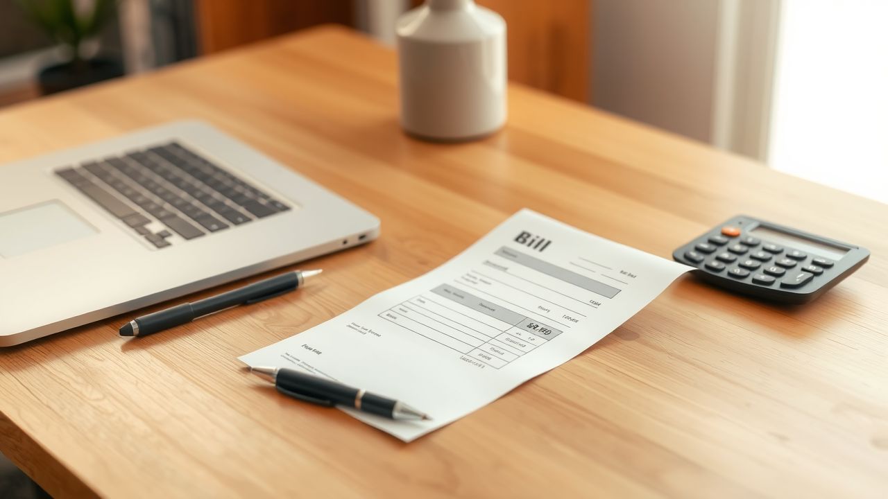 Een factuur zonder BTW-nummer op een houten bureau in een huiselijk kantoor.