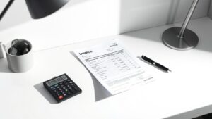 Een rommelig bureau met laptop, rekenmachine en factuur.