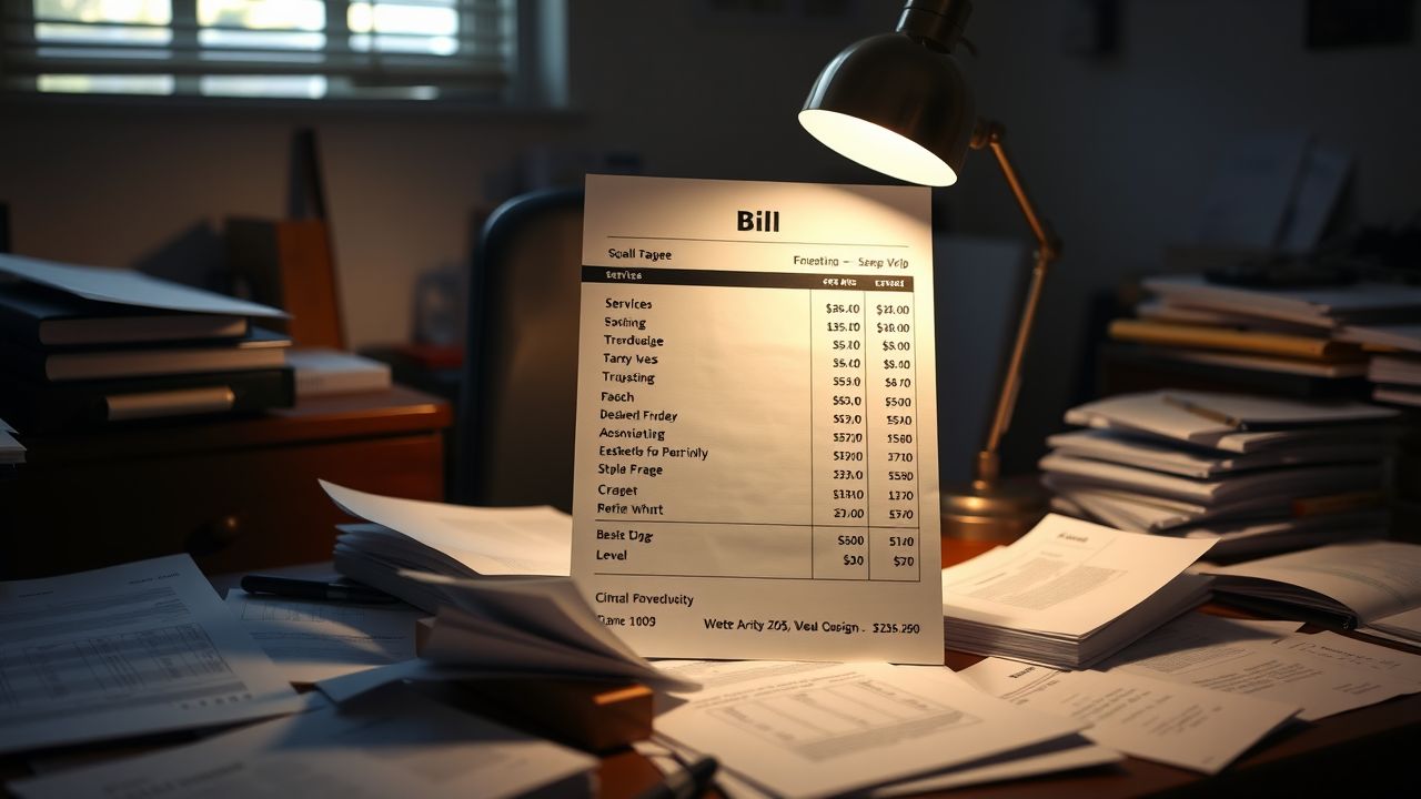 Een afbeelding van een rekening met verschillende diensten en kosten in een kantooromgeving.