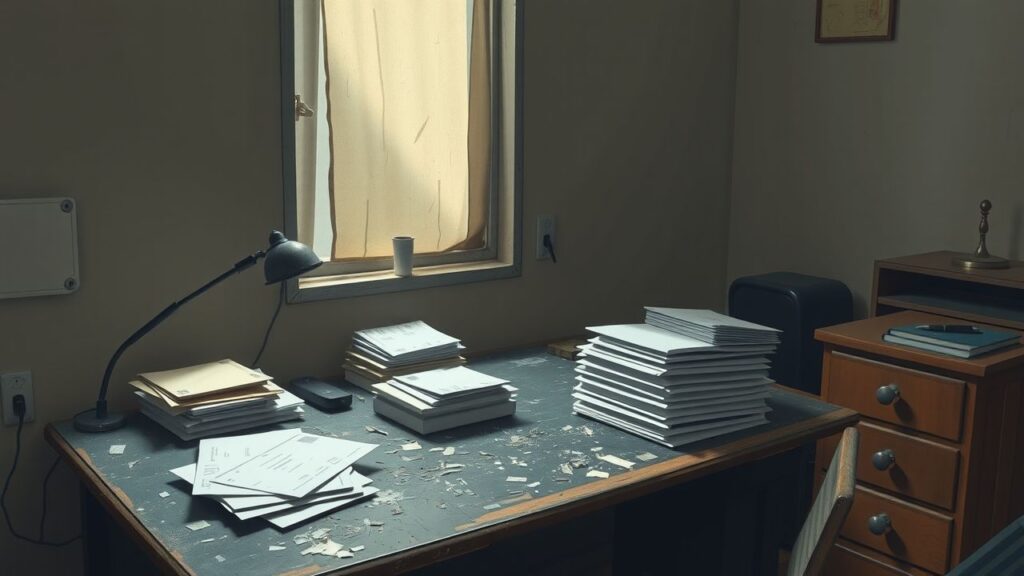 Een verwaarloosd bureau met onbetaalde rekeningen en rommelige post.