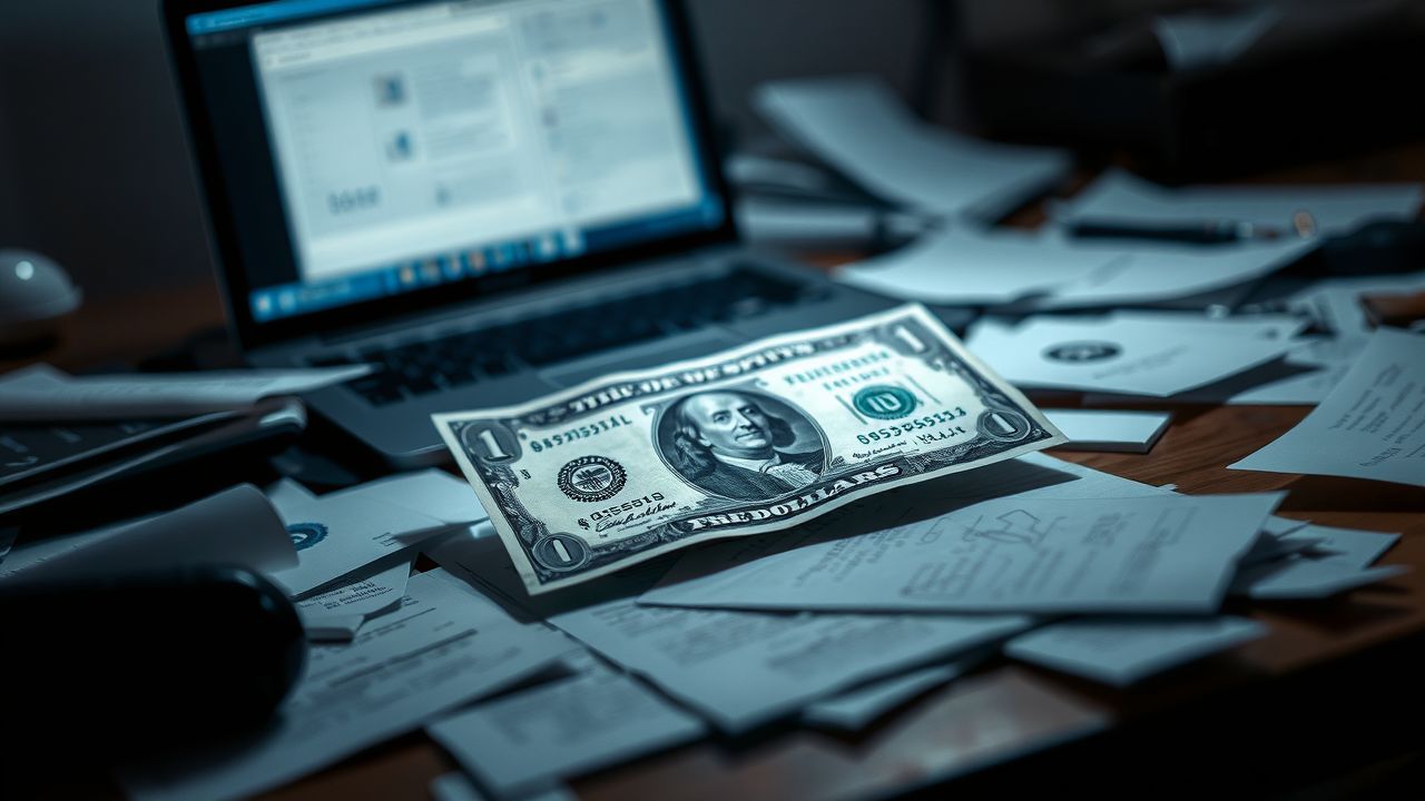 Een nep bankbiljet ligt op een rommelig bureau met papieren en een laptop.