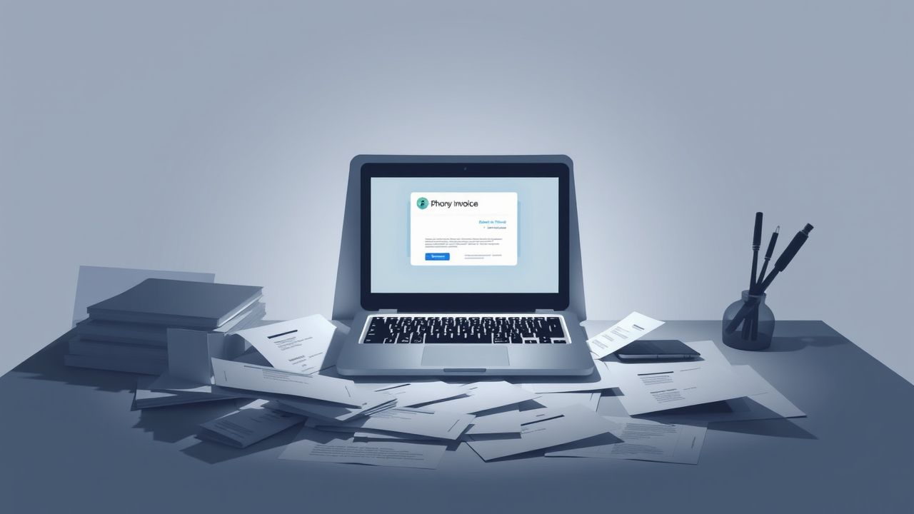 Een rommelig kantoor met verdachte e-mail en wanorde.