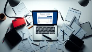 Een rommelig bureau met een laptop en factuur template.