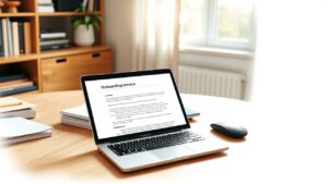 Een gezellig thuiskantoor met open laptop en document vertaling.