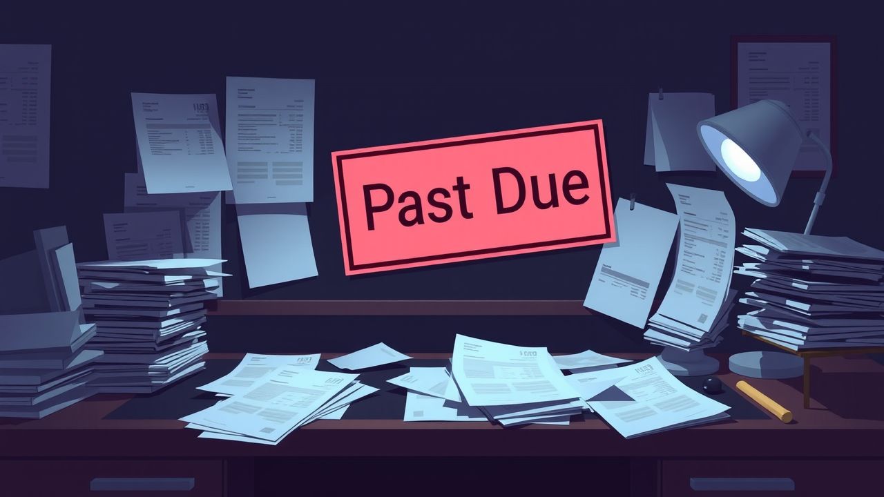 Een rommelig bureau met verspreide facturen en een label 'Achterstallig'.