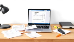 Een rommelig bureau met een open laptop en factuur document.