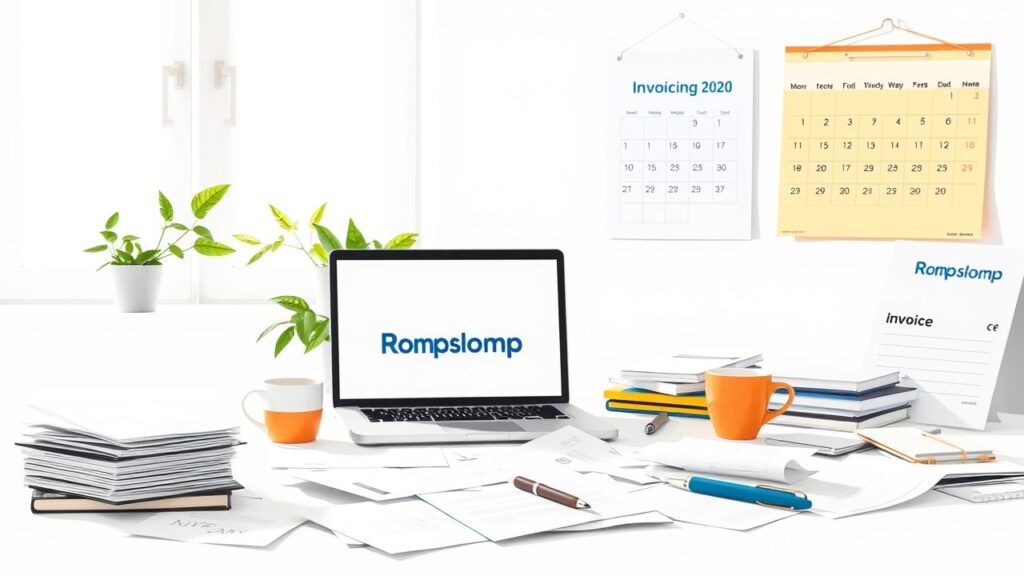 Een rommelig werkgebied met laptop, factureringssoftware en kantoorbenodigdheden.