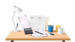 Een rommelig bureau met documenten en kantoorbenodigdheden.