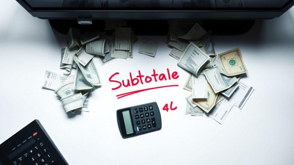 Een rommelig bureau met rekeningen en rekenmachine.