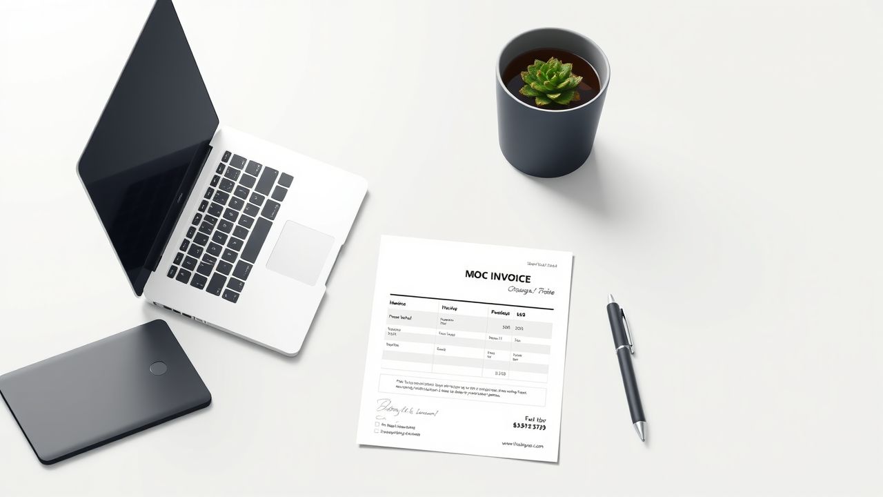 Een professioneel bureau met een laptop, notitieboekje en factuur.