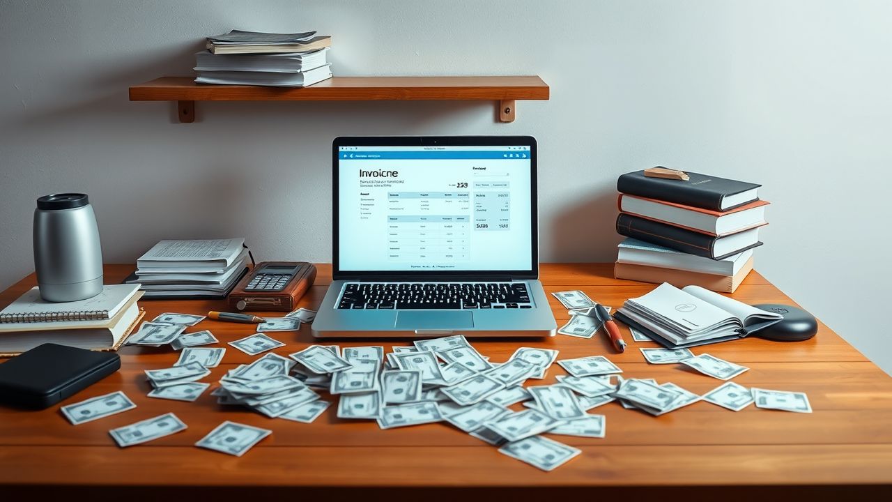 Een rommelig bureau met facturen, laptop en zakelijke boeken.