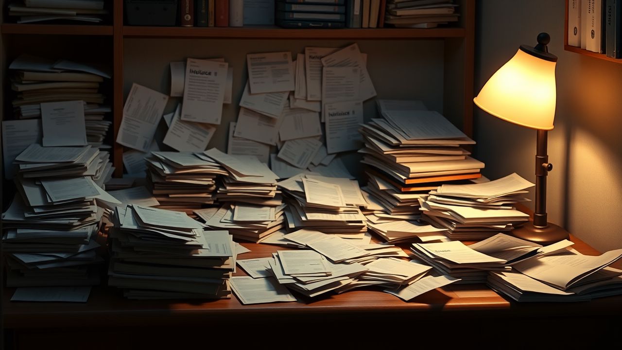 Een rommelig bureau met verspreide rekeningen en bonnetjes.