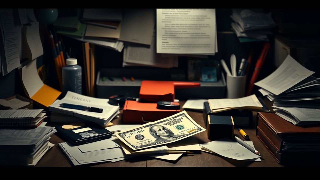 Een rekening ligt op een rommelig bureau te midden van kantoorbenodigdheden.