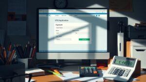 Een rommelige werkruimte met open VOG applicatie voor betaling.