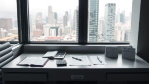 Een goed georganiseerd kantoorbureau met modern meubilair en kantoorbenodigdheden.